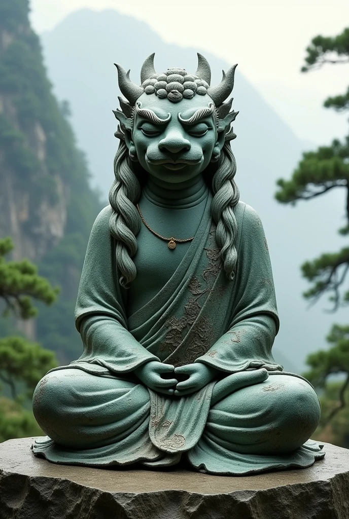 A stone statue with a dragon head and a long body, with closed eyes, thick eyebrows, thick hair, wearing a Taoist robe, sitting cross-legged on a Bagua stone slab in meditation
