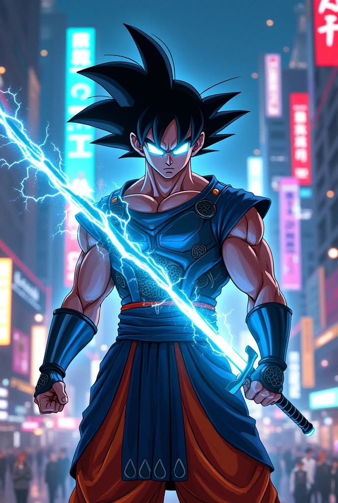 Son Goku as a samurai, digital art, futuristic cyberpunk style, holding a lightning katana, blue electric energy, high-tech armor, glowing visor, dynamic pose, by cybersamuraiart.