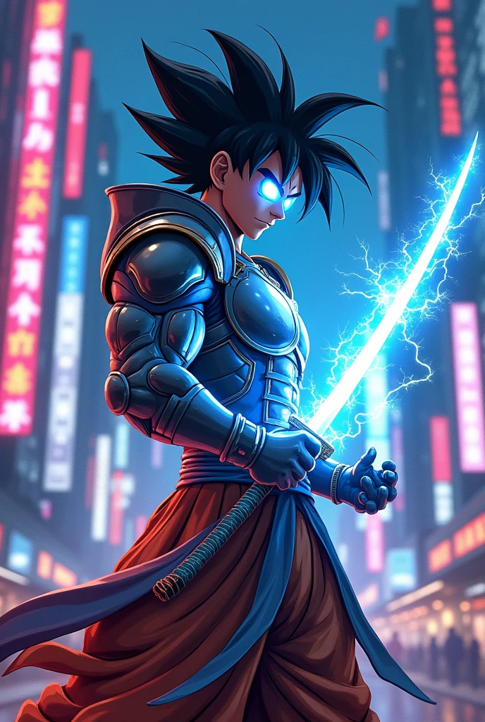 Son Goku as a samurai, digital art, futuristic cyberpunk style, holding a lightning katana, blue electric energy, high-tech armor, glowing visor, dynamic pose, by cybersamuraiart.