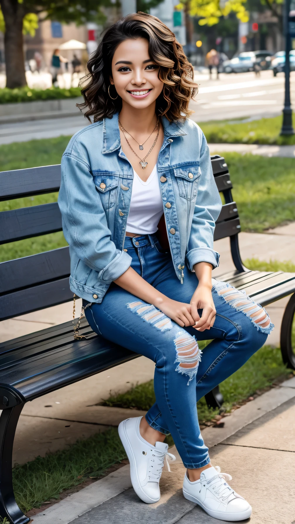 Super Resolution、Bright Brazilian woman、Full body photo、sitting on a park bench、ear piercing、Short Haircut、Wavy Hair、、necklace、Denim jacket、shirt、Skinny jeans、sneakers、smile、Beautiful teeth alignment
