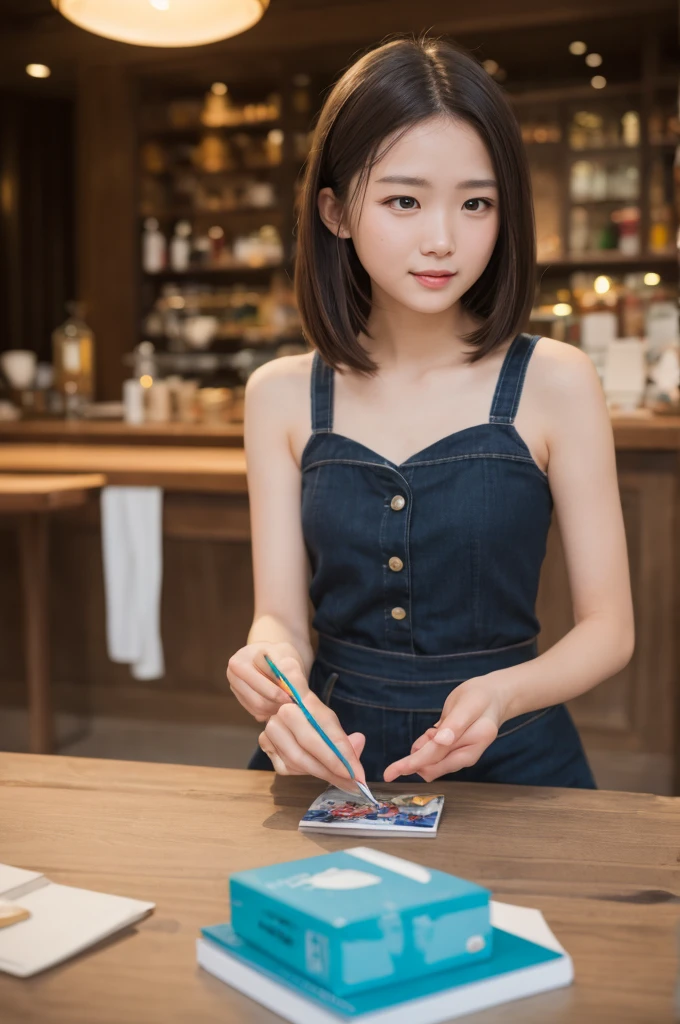 Tabletop, Highest quality, one person's, (beautiful girl:1.3), (18-year-old:1.3), Very fine grain definition, (Symmetrical eyes:1.3), (School teacher, blackboard:1.2), (Business shirts, Open white shirt, Cleavage:1.3), Beautiful breasts, Brown eyes, Parted bangs, Brown Hair