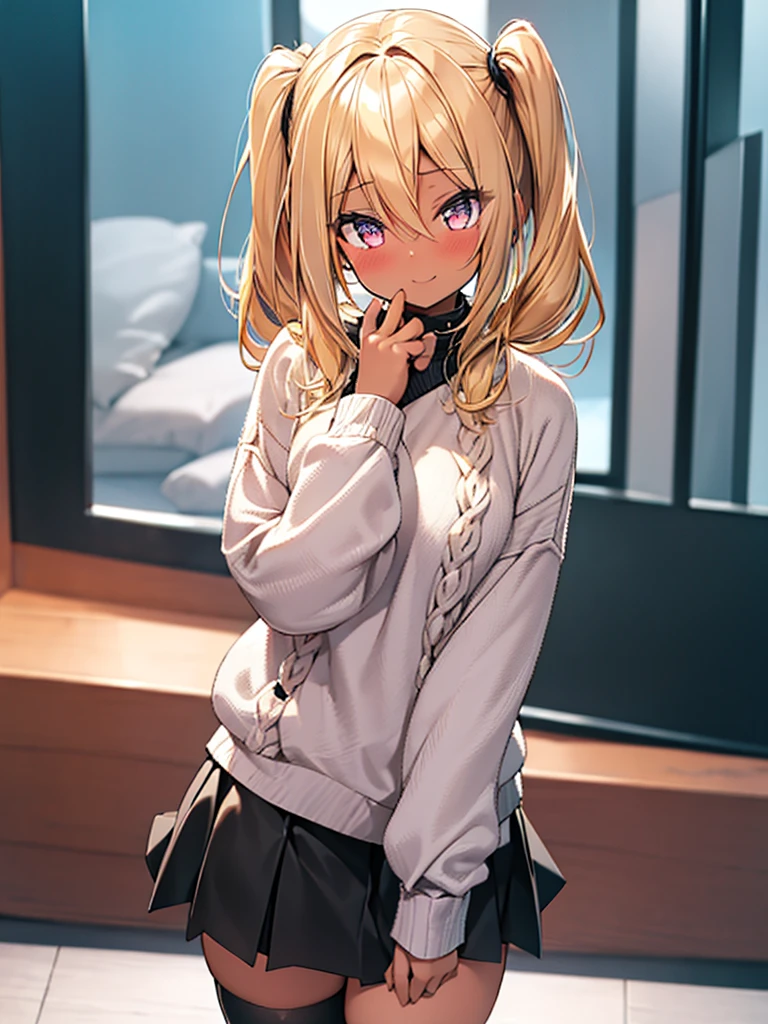 best quality. 4k. 8k. 1girl. a cute girl. black skin. blond hair. short twintails. (sweater). (microskirt). (looking at viewer). standing. light smile. cityscape