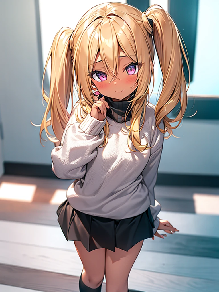 best quality. 4k. 8k. 1girl. a cute girl. black skin. blond hair. short twintails. (sweater). (microskirt). (looking at viewer). standing. light smile. cityscape