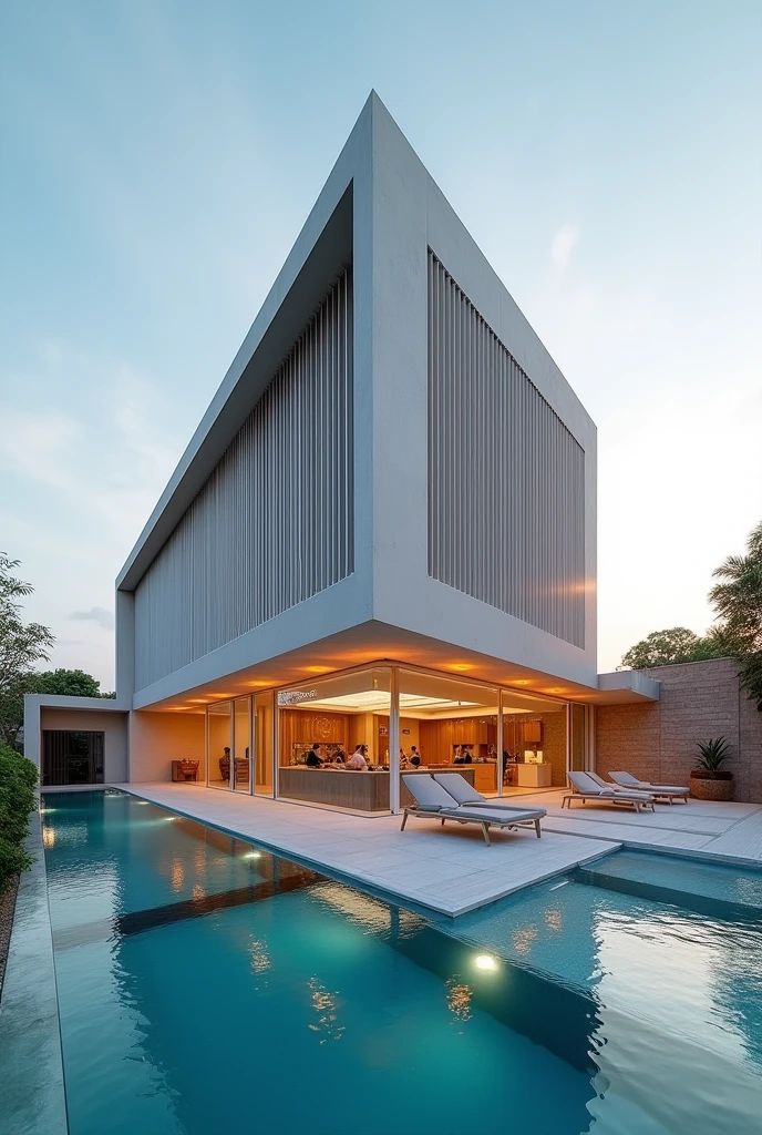 A rectangular club building with dimensions of 40 meters in width, 30 meters in length, and 15 meters in height. Modern style. Windowless building. The exterior of the club has no windows and features smooth curves using vertical louvers. Overhead door. stage and DJ box. Connected to a pool party area. Realistic and intricate details. Bright and vibrant atmosphere. On the left side, there is an annex building, approximately 6 meters in height, 30 meters in length, and 6 meters in width, connected to the club building.