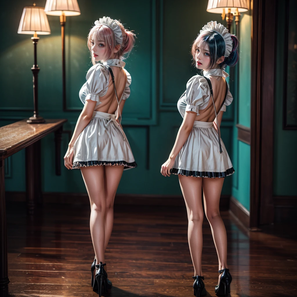 (Full Body of Extremely Detailed((Cute Maid Group in a row:1.37))), KAWAII perfect face, Reflective Eyes, Detailed(Delicate Clothing textures), Correct graceful legs, Dynamic Joyful Expressions LifeLike Rendering, Specular Reflection, TopQuality 8K Ultra-detailed masterpiece (ProfessionalPhoto:1.37), (Acutance:0.8), (Luminism:1.28), Renaissance art style, Colorful Light particles, ((Full body from side)), {MicroMini Skirt|Kissing|Undressing|Thigh Gap|Cute Peach AssFocus|NakedApron with SideBoob}, Radiant Fine Skin with Transparency, (Exposed:0.4), {Pink Hair|LightBlue Hair|Platinum Blonde|Pure White Hair|Liquid Hair}, Perfect Lighting
