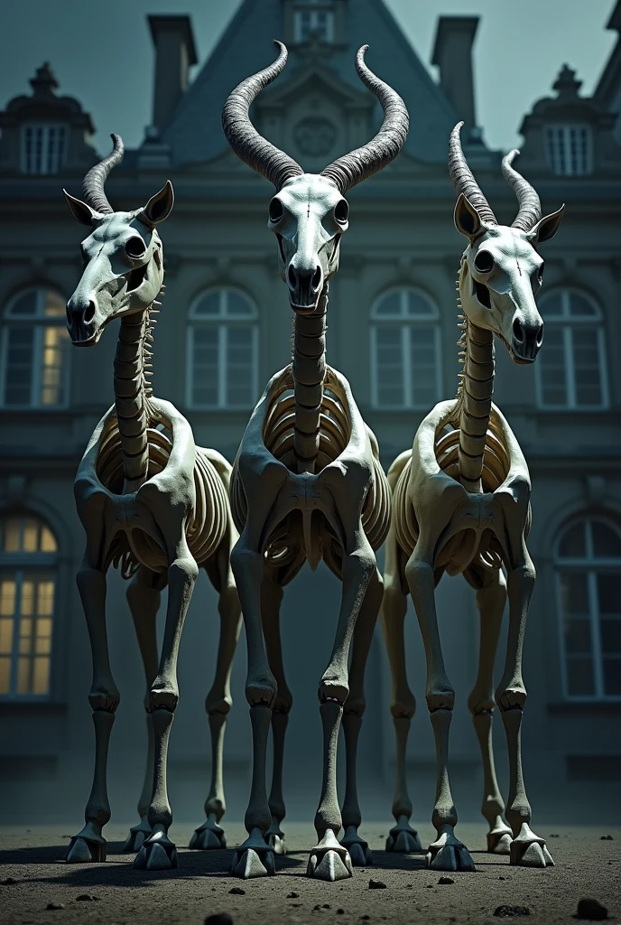 A trio of formidable skeletal centaurs, each standing at 3 meters tall. Their upper bodies are human skeletons with human skulls as heads. Each skull has two large, curved horns extending from the forehead, bending backward slightly. The transition from the horse's neck to the human torso is smooth, blending seamlessly. The centaurs have the upper body of a human skeleton with exposed ribcage and spine, while their lower halves are skeletal horses with bony legs. They are positioned against the backdrop of a European-style building with classic architecture. The scene is set in a dimly lit, dramatic environment to emphasize their eerie presence.