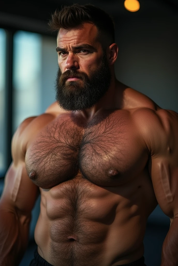 An award-winning original photo, A burly musclebear man, (40 years old daddy:1.1), 1 man, Solo, (wearing Nothing), (big shoulders), musculature, strong physique, hairy, chubby and fluffy, stubbles, Short beard, (Detailed body), realistic eyes, deadpan, looking at viewer, deadpan, lighting, (Best quality, A high resolution, Photorealistic), Cinematic lighting, Masterpiece, RAW photo, Intricate details, hdr, depth of field, upper body shot, (realistic:1.4), (from the front), (from below)