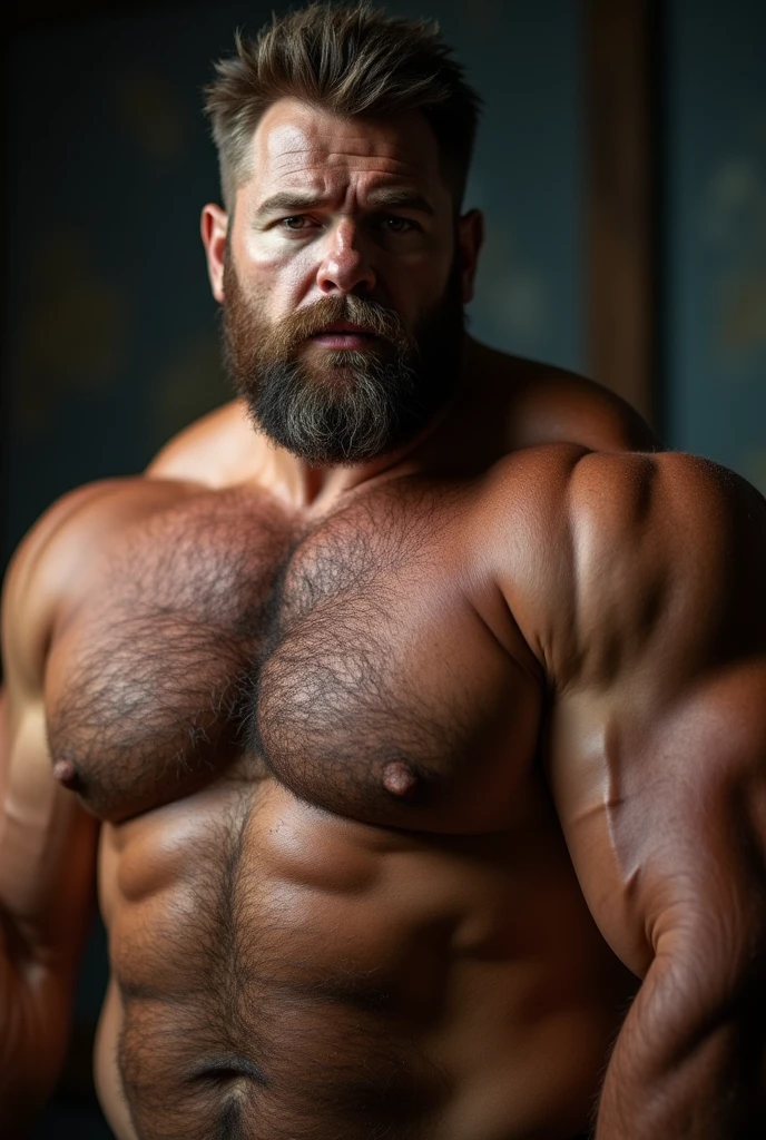 An award-winning original photo, A burly musclebear man, (40 years old daddy:1.1), 1 man, Solo, (wearing Nothing), (big shoulders), musculature, strong physique, hairy, chubby and fluffy, stubbles, Short beard, (Detailed body), realistic eyes, deadpan, looking at viewer, deadpan, lighting, (Best quality, A high resolution, Photorealistic), Cinematic lighting, Masterpiece, RAW photo, Intricate details, hdr, depth of field, upper body shot, (realistic:1.4), (from the front), (from below)