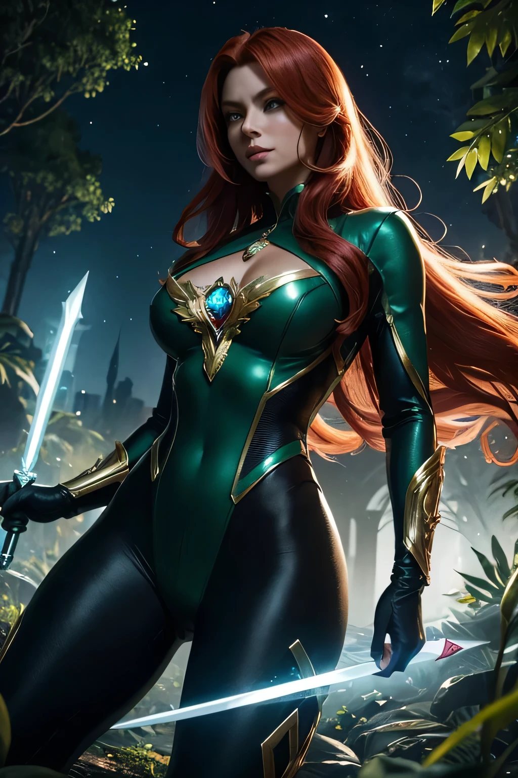 A high-society superheroine named Legacy Lady, known as the most beautiful in the world, with a beautiful heart and body. She has very long shining redhead and outward curl hair, She wears a long-sleeve leotard, high-cut pants, and thigh-high boot tights. Her costume is all shining green. Adorned with an emerald pendant, ruby and sapphire rings, and a diamond bracelet. In various settings: patrolling a night city scape, engaging in nature conservation in a lush forest, and battling creatures in a fantastical other-dimensional space. Maintain the same character design across all images. Legacy Lady, a superheroine, wielding a glowing energy blade generated from her pendant. She charges at her enemies with determination, the blade emitting a cold, icy aura