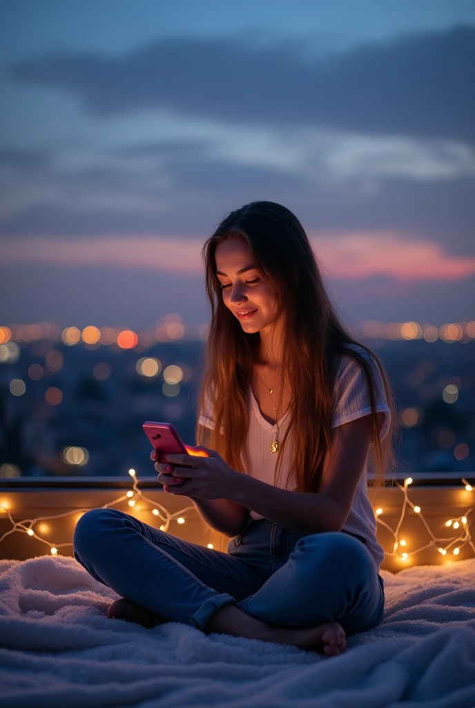 BEAUTIFUL GIRL SEARCH NETWORK IN SMARTPHONE ON ROOF OF HOUSE 