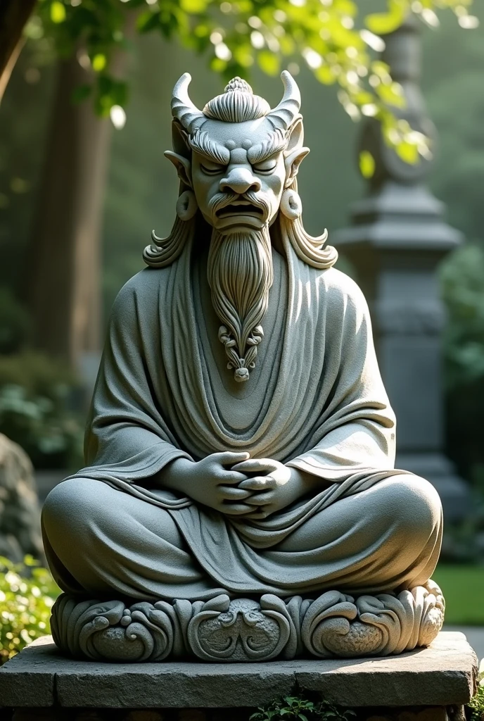 A stone statue with a dragon head and a long body, with closed eyes, thick eyebrows, thick hair, wearing a Taoist robe, with his hands folded, sitting cross-legged on a Bagua stone slab in meditation