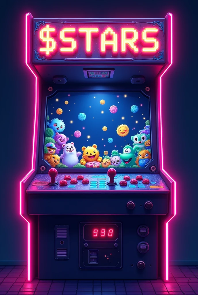 A retro video game interface design. The main screen is framed like an old-school arcade game. Inside the screen, pixel art versions of different meme coin mascots are arranged. At the top, a scoreboard displays $STARS balance. The color scheme is vibrant and nostalgic, with blues, purples, and neon accents. The overall style should evoke 1980s and early 1990s video games.
