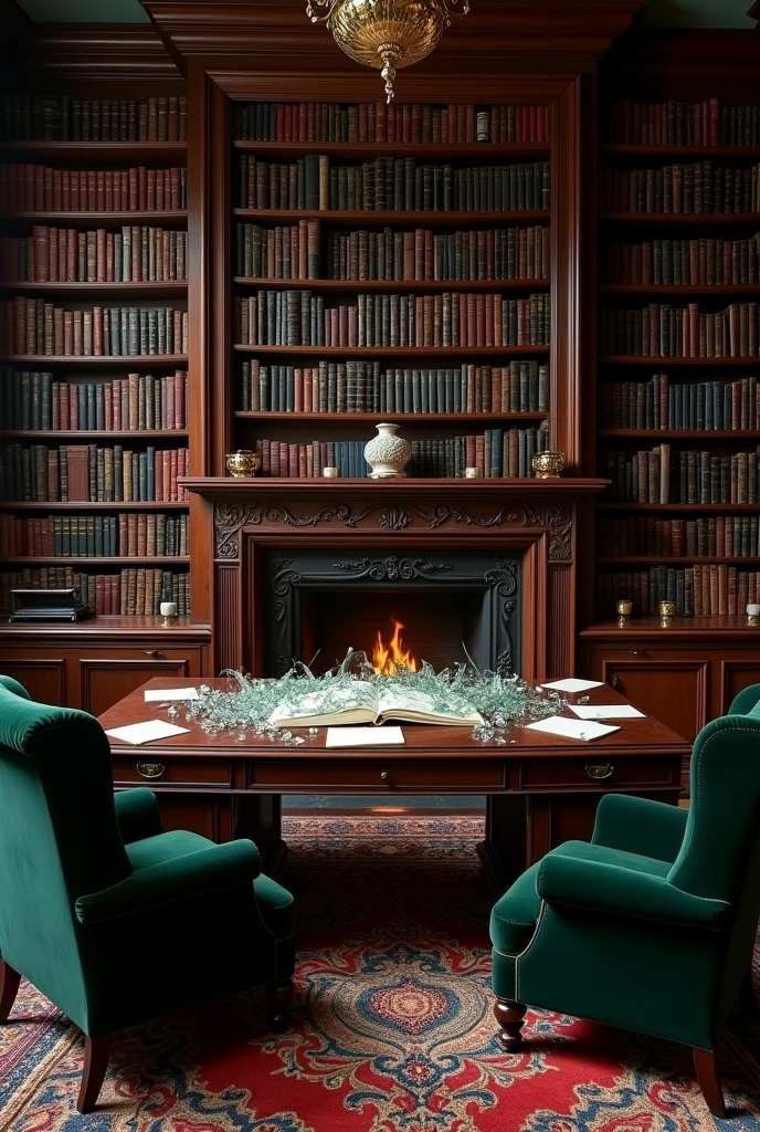 It was a small room, smaller than Vincent’s other offices. A large wooden desk sat at its center, and two velvet armchairs in the corner near the fireplace. Bookcases lined the walls, boasting hundreds of black and burgundy and silver and blue spines of old but well-kept books. The desk was covered with clutter—open tomes, papers, notes, and what looked like a pile of broken glass at its center.