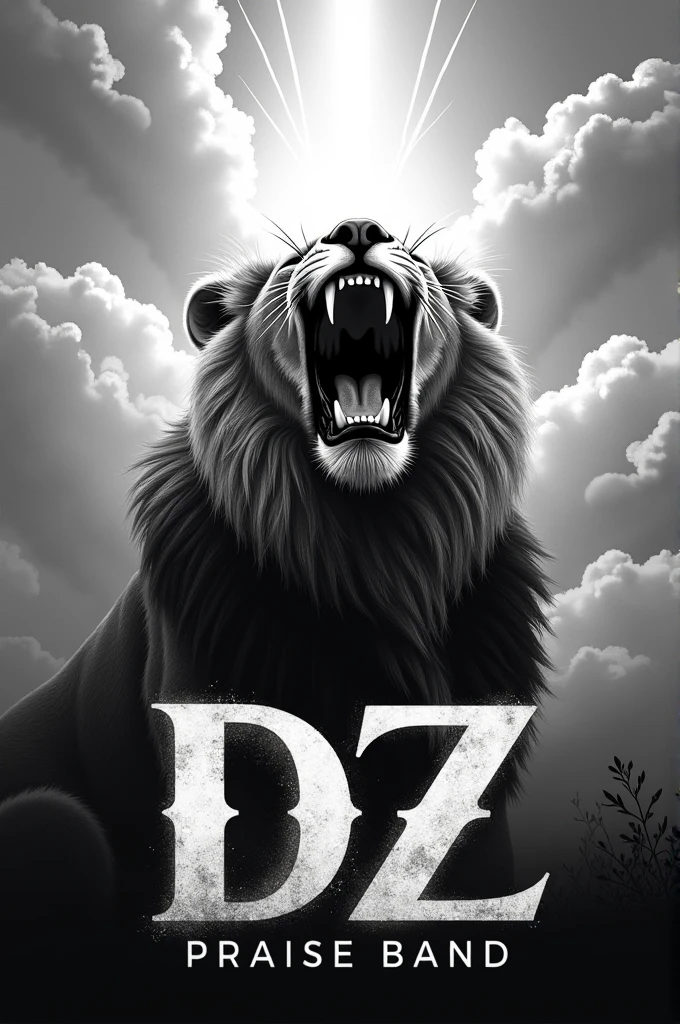 CD cover with a black and white lion roaring towards the sky , written praise band DZ