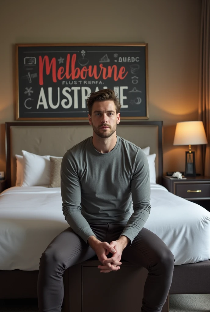 Homme caucasien grand de taille, charmant, un peu costaud, habillé en pantalon et tee-shirt manche longue, assis ou adossé sur une table dans une grande chambre d'hôtel, sur la table qu'il y ait également un papier mouchoir déjà utilisé sur la table et sur le lit de l'hôtel qu'il soit déposer un cadre photo grand ou moyen qu'il est possible de faire arrêter sur le lit et faire face à la caméra et sur le mur du chevet du lit un tableau sur lequel il est écrit en français : Melbourne AUSTRALIE et autour de la phrase qu'il y ait les emblèmes du CANADA QUÉBEC ou le drapeau du CANADA QUÉBEC