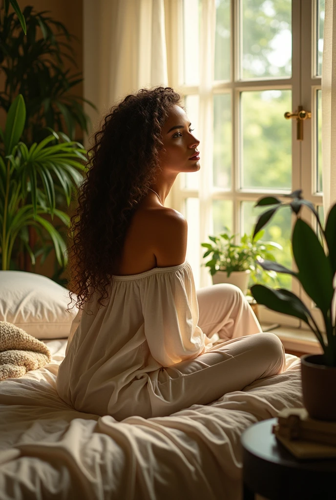 (photorealism:1.2), beautiful woman, sitting on bed, wearing loose off-shoulder top, pajama pants, long curly hair, indoors, soft lighting, plants in background, window with sunlight, cozy room, relaxed pose, realistic, intricate details, warm colors, by Greg Rutkowski, by Alphonse Mucha