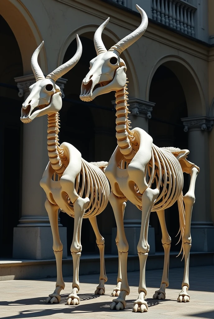 Three large skeletal centaurs, each standing 3 meters tall, with human skeletons for their upper bodies. Each skull has two large, curved horns that extend from the forehead and curve slightly back. The horse's neck is absent, replaced by smooth, rounded human rib cages that blend seamlessly. The centaurs have human skeletal upper bodies with exposed ribs and spines, while their lower bodies are skeletal horses with bony legs. They stand against a backdrop of classic European architecture. This scene is set in a dimly lit and eerie environment to emphasize their chilling presence.