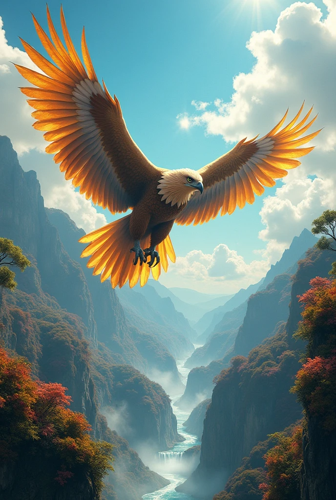 Create me a very strong eagle, he is very large, 90000000000× bigger than Earth. The eagle is very beautiful, he lives in paradise. Paradise is very beautiful, paradise is very beautiful, its beauty is 9000000× more beautiful.