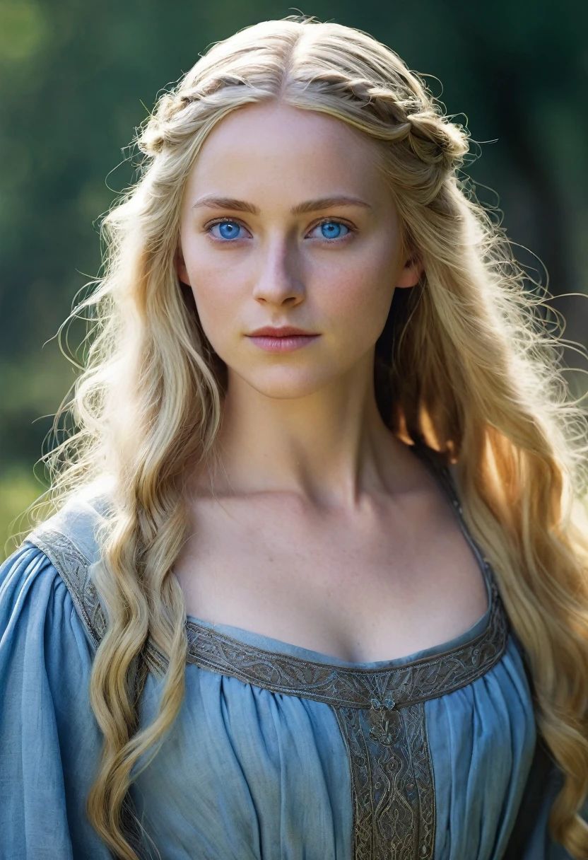 Medieval. A 30-year-old woman with soft features and a benevolent aura. Before her transformation, she had long blonde hair and blue eyes. She wears a simple yet elegant dress, typical of villagers. After her transformation, her body is distorted, with grotesquely elongated limbs and eyes that glow with a demonic light.