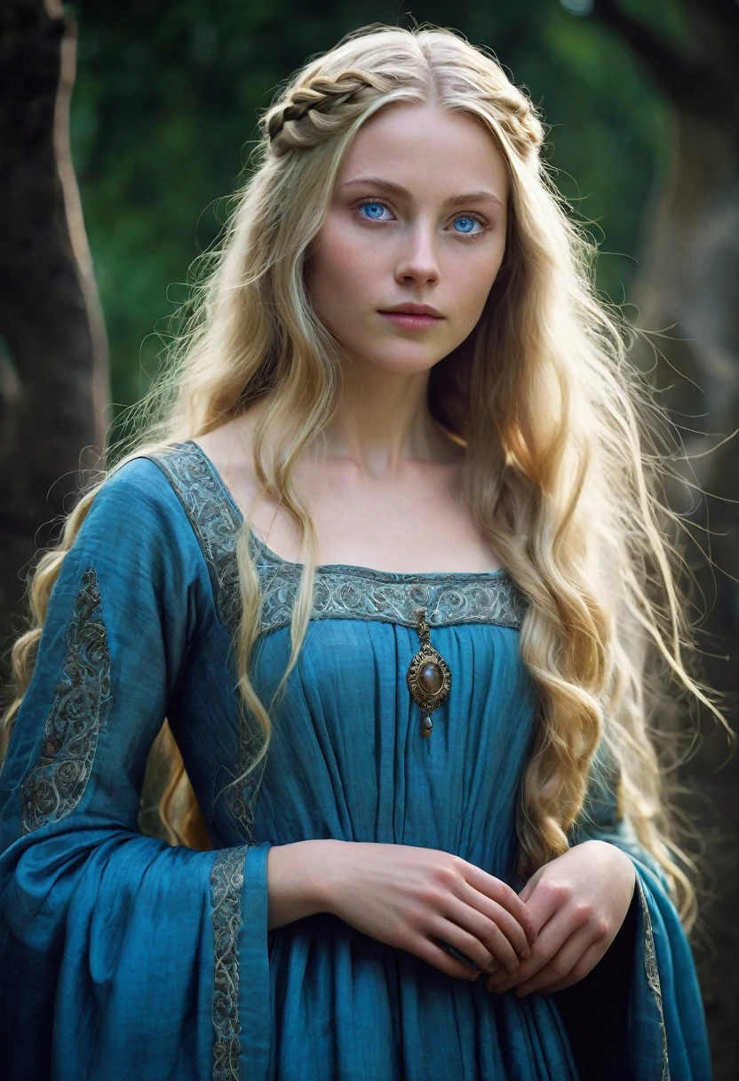 Medieval. A 30-year-old woman with soft features and a benevolent aura. Before her transformation, she had long blonde hair and blue eyes. She wears a simple yet elegant dress, typical of villagers. After her transformation, her body is distorted, with grotesquely elongated limbs and eyes that glow with a demonic light.