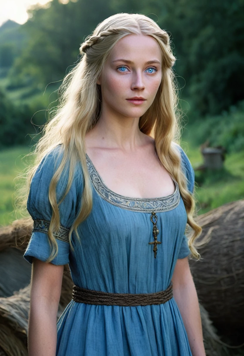 Medieval. A 30-year-old woman with soft features and a benevolent aura. Before her transformation, she had long blonde hair and blue eyes. She wears a simple yet elegant dress, typical of villagers. After her transformation, her body is distorted, with grotesquely elongated limbs and eyes that glow with a demonic light.