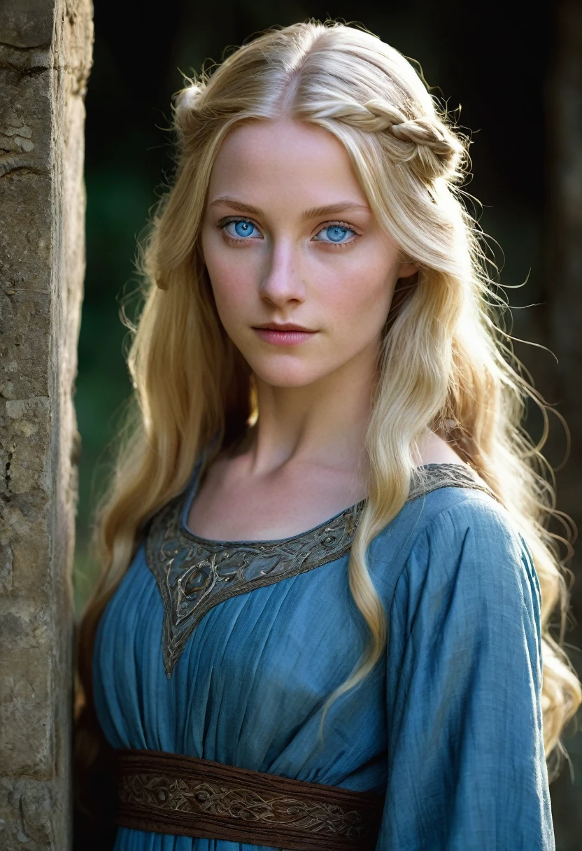 Medieval. A 30-year-old woman with soft features and a benevolent aura. Before her transformation, she had long blonde hair and blue eyes. She wears a simple yet elegant dress, typical of villagers. After her transformation, her body is distorted, with grotesquely elongated limbs and eyes that glow with a demonic light. 