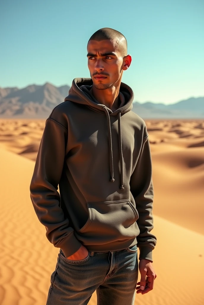 Create a realistic photo of a young man of Moroccan nationality with a gaunt face, a shaved head, and black eyes., portant un sweat-shirt à capuche et un jean. Il a un air déterminé et regarde vers l'horizon de corpulence moyenne et grand