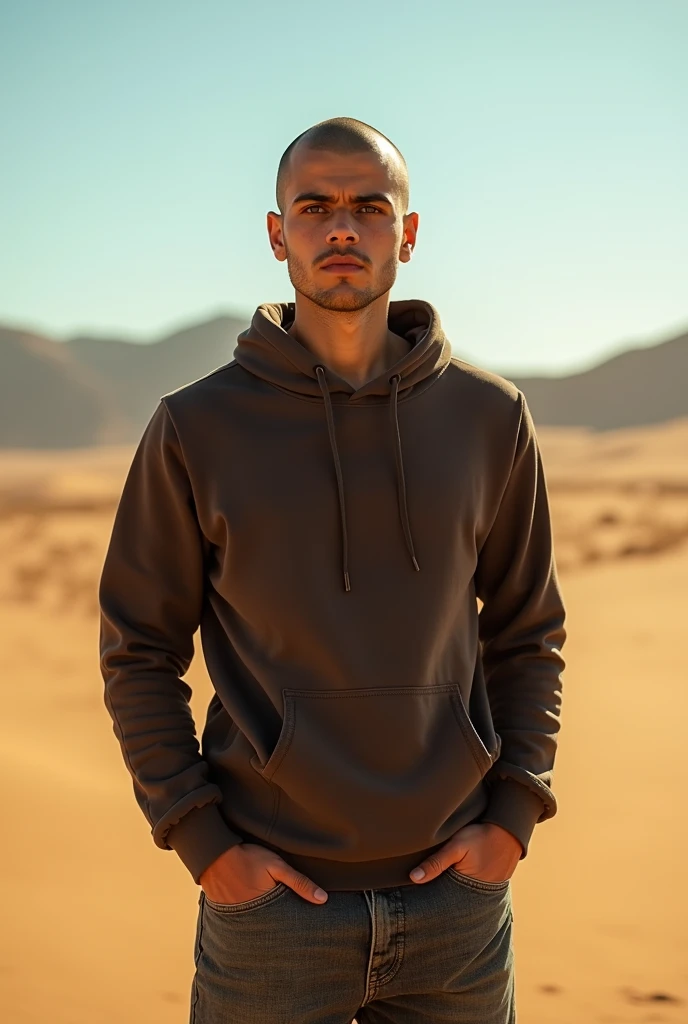 Create a realistic photo of a young man of Moroccan nationality with a gaunt face, a shaved head, and black eyes., portant un sweat-shirt à capuche et un jean. Il a un air déterminé et regarde vers l'horizon de corpulence moyenne et grand 