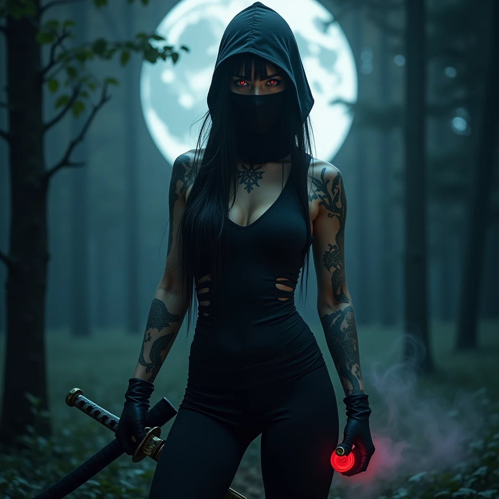 a female ninja, beautiful detailed eyes, beautiful detailed lips, extremely detailed eyes and face, long eyelashes, intricate tattoos, dark outfit, tight bodysuit, katana sword, smoke grenade, night scene, moonlit forest, (best quality,4k,8k,highres,masterpiece:1.2),ultra-detailed,(realistic,photorealistic,photo-realistic:1.37),dark fantasy,cinematic lighting,moody atmosphere,vibrant colors,dramatic shadows