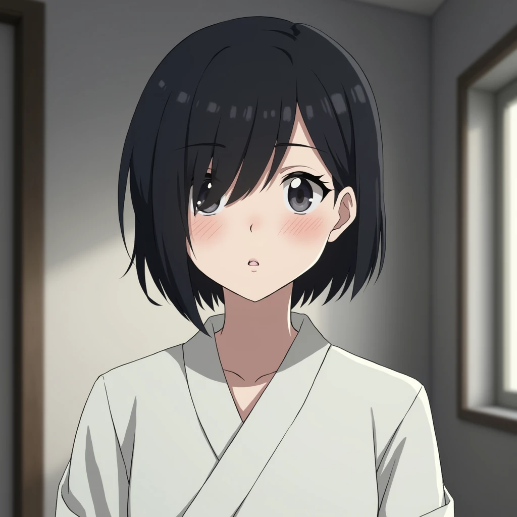 The anime-style hairstyle has short, even sides that are tucked behind the ears.、the back is cut short and even along the base of the neck、The back of the head has a slight step down to the nape of the neck、The bangs are swept to the side at eyebrow level、Overall rounded silhouette
Black hair Her skin is pale like a ghost, and there are faint dark circles under her eyes.
She is facing forward and looking at the viewer. She is wearing a white city robe.
The background is a room in an apartment.
