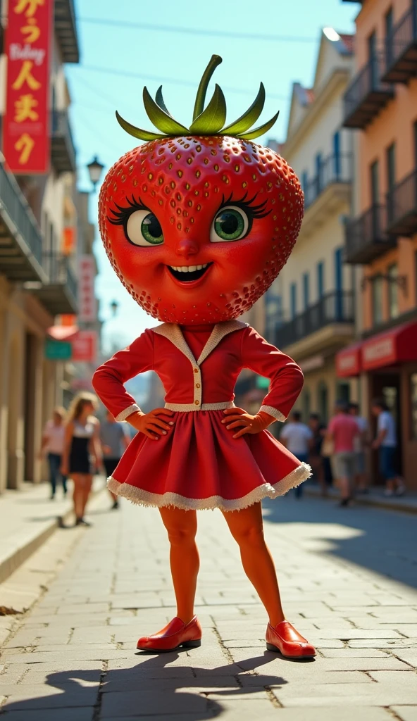 anthropomorphic strawberry, fashion photography, retro fashion, high detailed 32k, city street environment, mid day warm light, clear atmosphere