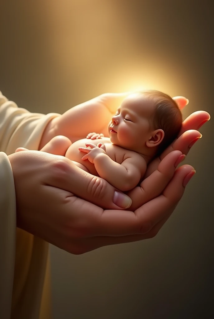 A detailed, serene image of Jesus' hand gently cradling an unborn baby inside the womb. The focus is on the tenderness and care in the hand, highlighting the warmth and protection it offers to the tiny, developing baby. The baby is curled in a peaceful, fetal position within the transparent womb, bathed in a soft, divine light that symbolizes purity and sanctity. The background is kept minimal and soft to emphasize the connection between the hand and the unborn life