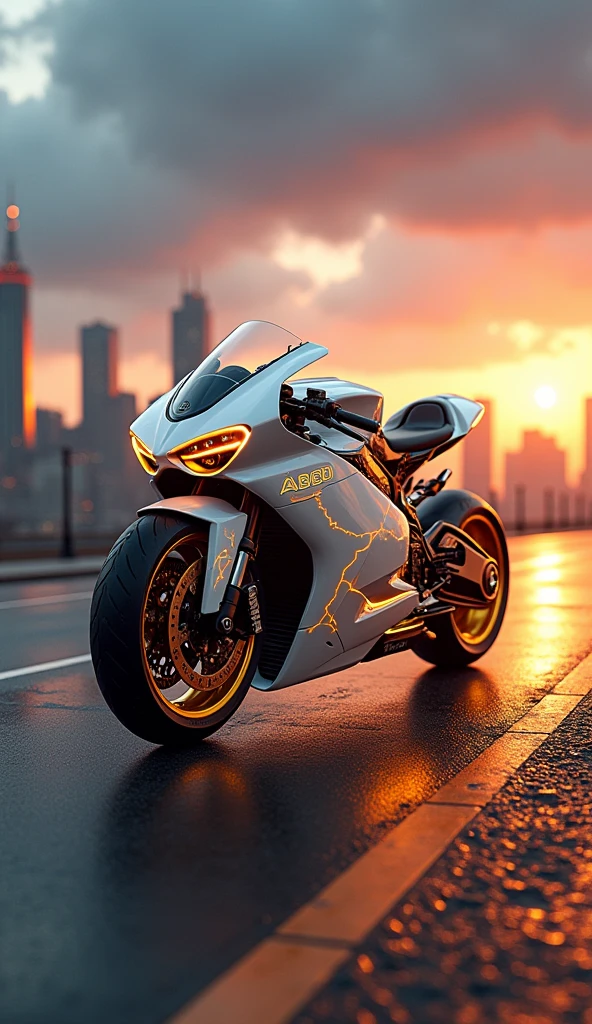 (golden and white) lightning futuristic concept heavy mecha Bike with labelled \”ABCD\” 4k detailed V-ray Real shade road background
