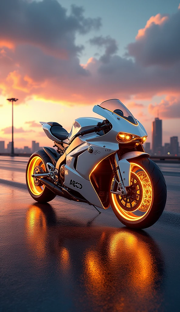 (golden and white) lightning futuristic concept heavy mecha Bike with labelled \”ABCD\” 4k detailed V-ray Real shade road background