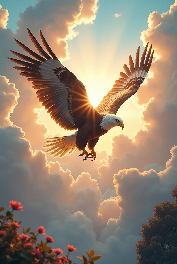 Make me a very strong eagle he is very big 90000000000× bigger than earth the eagle is very beautiful he lives in heaven heaven is very beautiful heaven is very beautiful its beauty is 9000000× more beautiful the eagle is strong and muscular