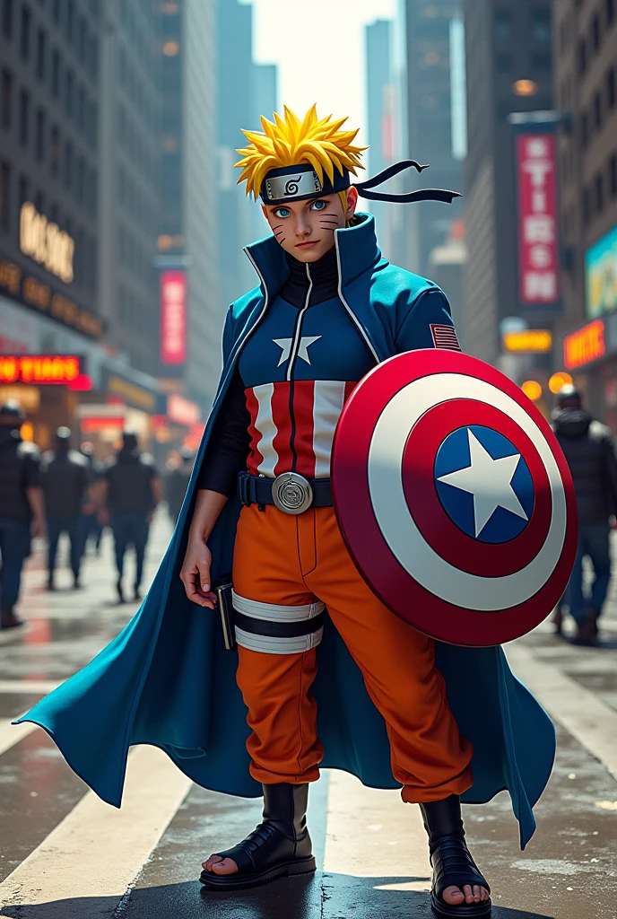 Naruto uzumaki from Dragon Ball Z reimagined as Captain America, comic book style, vibrant colors, dynamic pose, shield in hand, superhero costume, urban city background, dramatic lighting effects, iconic poses, highly detailed, energetic composition --s 150 --ar 2:3 --c 5