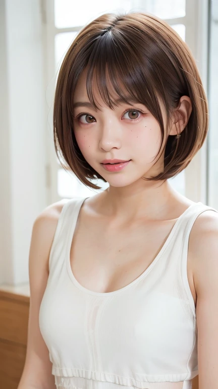 (Bob Cut Hair:1.2),(Wearing a ripped white tank top:1.8),1 person,Japanese,21 years old,(Small breasts:1.3),(Highest quality,masterpiece:1.3,Ultra-high resolution,),(Very detailedな,Caustics),(Realistic:1.4,RAW shooting,)Ultra-Realistic Capture,Very detailed,High resolution 16K human skin closeup。 Natural skin texture、,pores、、It needs to be detailed enough to be easily identifiable。 Skin tone is even and healthy looking。 Use natural light and color, Happy expression, Looking into the camera, Perfect dynamic composition, indoor、Cleavage、Earrings、Hide your chest、freckles、(Round Glasses)、(erect nipples)、Sit on the bed、Bedroom、On the bed