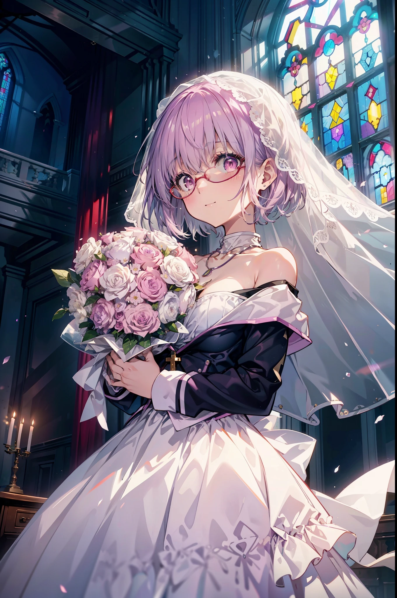 akaneshinjou, shinjou akane, Light purple hair, (Pink Eyes:1.2), short hair,smile,Red-rimmed glasses,blush,Big Breasts,Off-the-shoulder white wedding dresses,Wedding white long skirt,necklace,Veil,Holding a bouquet of flowers with both hands,Stained glass,　　　　　　　　　 
 break looking at viewer, whole body,(Cowboy Shot:1. 5) 　　　　　　　　　　　　　　　　　　　break indoors, Chapel,church, 　　　　　　　　　　　break (masterpiece:1.2), Highest quality, High resolution, unity 8k wallpaper, (shape:0.8), (Beautiful attention to detail:1.6), Highly detailed face, Perfect lighting, Highly detailed CG, (Perfect hands, Perfect Anatomy),