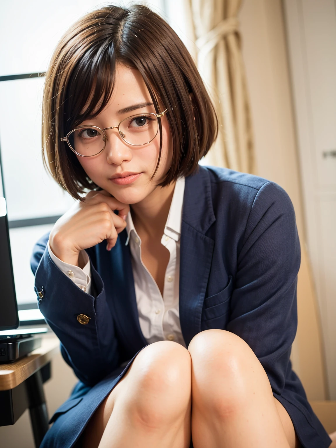 Top Quality, A beautiful, short-haired woman with an intelligent and sophisticated look, laugh, wearing stylish eyeglasses that accentuate her sharp, inquisitive eyes. Her hair is neatly styled in a modern, short cut that complements her facial features, giving her a sleek and polished appearance. She is dressed in a crisp, professional outfit, perhaps a blazer or a blouse, with subtle details that highlight her refined taste. suggesting her intellectual nature. The background is a minimalist office or library, with soft lighting that enhances her calm and focused demeanor."