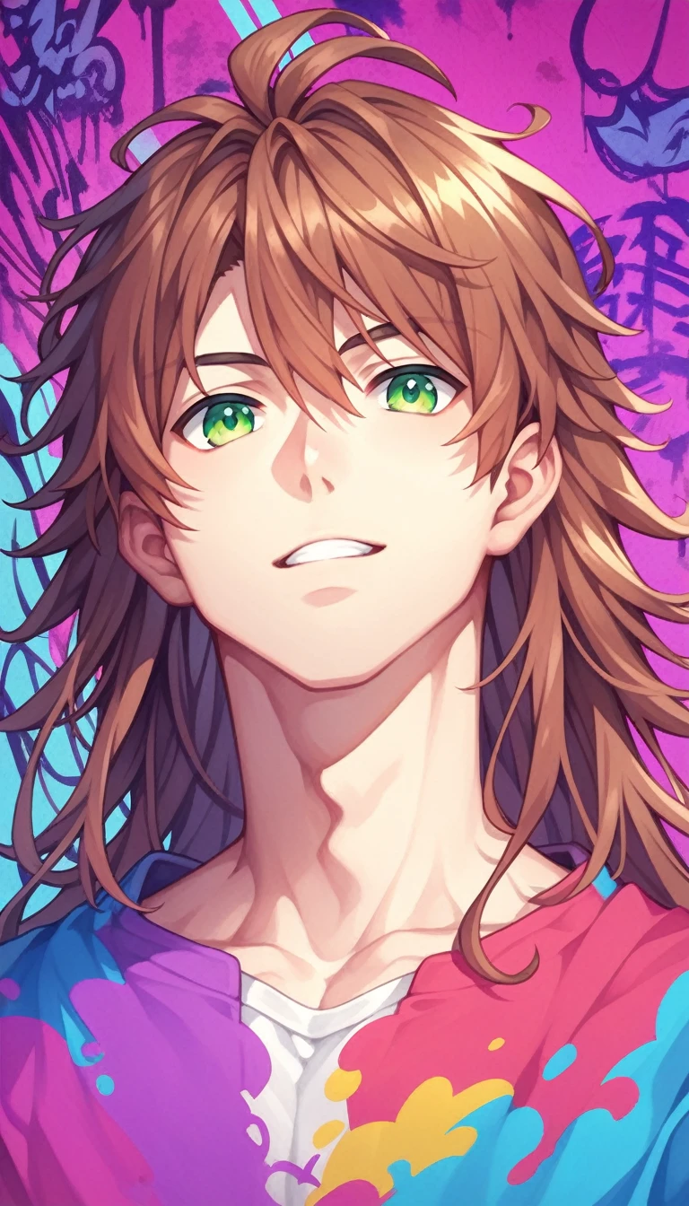 Anime Style, male, Rabbitkin, Reddish brown hair, Green Eyes, Sharp Eyes, Long Hair, Calm. wise, Neon purple graffiti background, Utopian City, Surrealism, Expressionism, Anime Style, Cast a Shadow, Film Grain, Vignetting, silhouette, 1080P, Anatomically correct