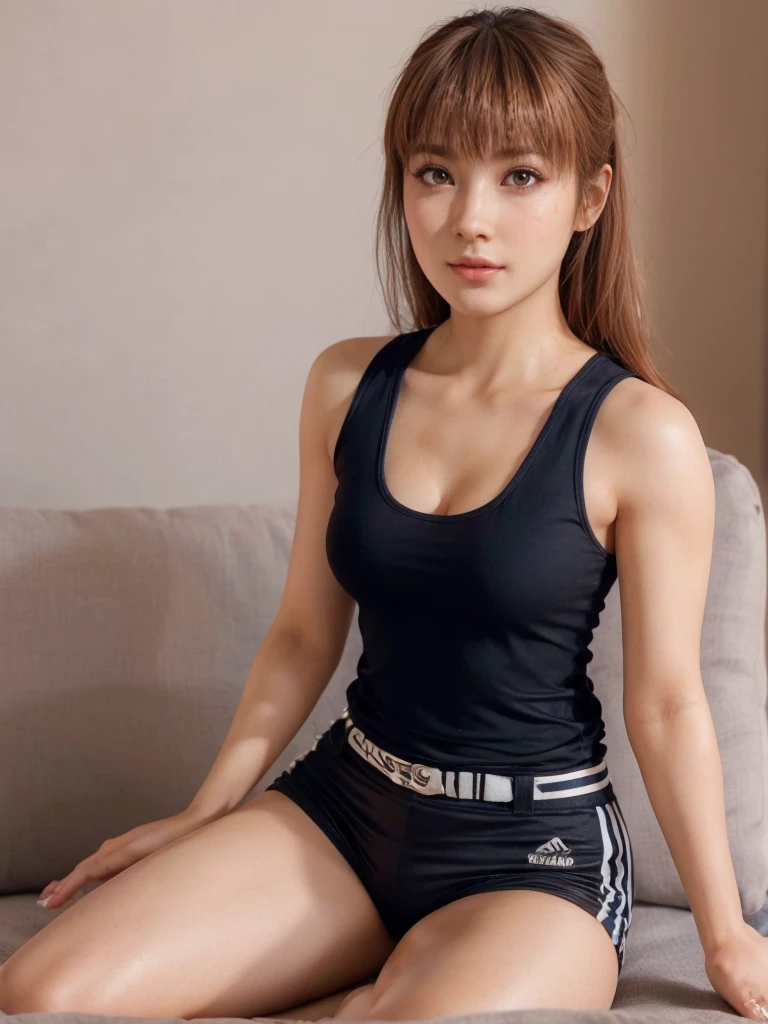 Kasumi, brown eyes, (best quality, ultra detail), (realistic:1.37), beautiful and detailed face, ultra-realistic texture, Delicate face, delicate body, red lipstick, bright colors. high definition, 8K, expression with a slight cute smile and sexy