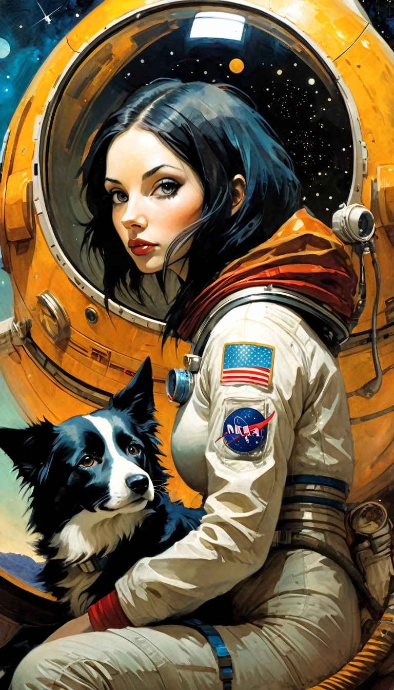 sexy astronaut girl and border collie dog, astronaut, on the ground sitting in front of his spaceship, stars, magic,(best quality, 4k, 8k, high resolution, masterpiece: 1.2), ultra-detailed, (realistic, photorealistic, photorealistic: 1.37), details intricate, vivid colors, sharp focus, professional, Dave McKean artwork, surrealism oil touch, oil painting style, portrait,background, fantasy elements, texture, layered composition. art inspired by Bill Sienkiewicz and Dave McKean