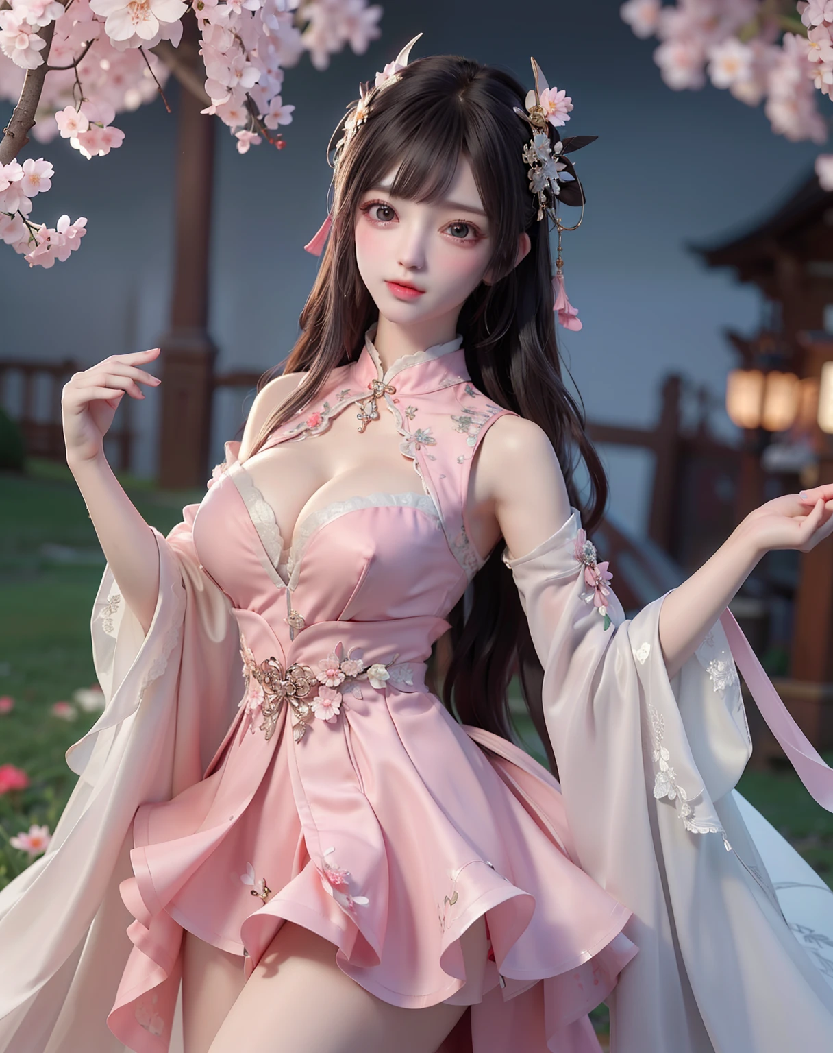 (8k, RAW photo:1.2), best quality, ultra high res,dramatic angle,(fluttered detailed color splashs), (illustration),(((1 girl))),(long hair),(rain:0.9), (Headdress:1.4),There is an ancient palace beside the girl,Hanfu,(Key Points),Color ink painting,(Splash of Color),Splash of Color,(((colorful))),(sketch:0.8) , Masterpiece, best quality, beautiful painted, highly detailed,(denoising:0.6),[splash ink],((ink refraction)), (beautiful detailed sky),moon,highly,detaild,(masterpiece, best quality, extremely detailed） CG Unity 8k Wallpaper，masterpiece，best quality，Ultra Detailed），（Lycoris）. hanfu open v open V-chested clothes Thin silk lace dress , (huge ，cleavage),, white pink and gren，best qualtiy，tmasterpiece，Ultra-high resolution，（Reality：1.4），RAW photogr，（True skin texture：1.3），（filmgrain：1.3），（Selfie angle），1个Giant Breast Girl，Beautiful eye and face details，tmasterpiece，Best quality at best，，The chest more exposed， detailed brapurple and green , detail 8k, upper body, lace petticoat. bottom position looking up, sexually provocative