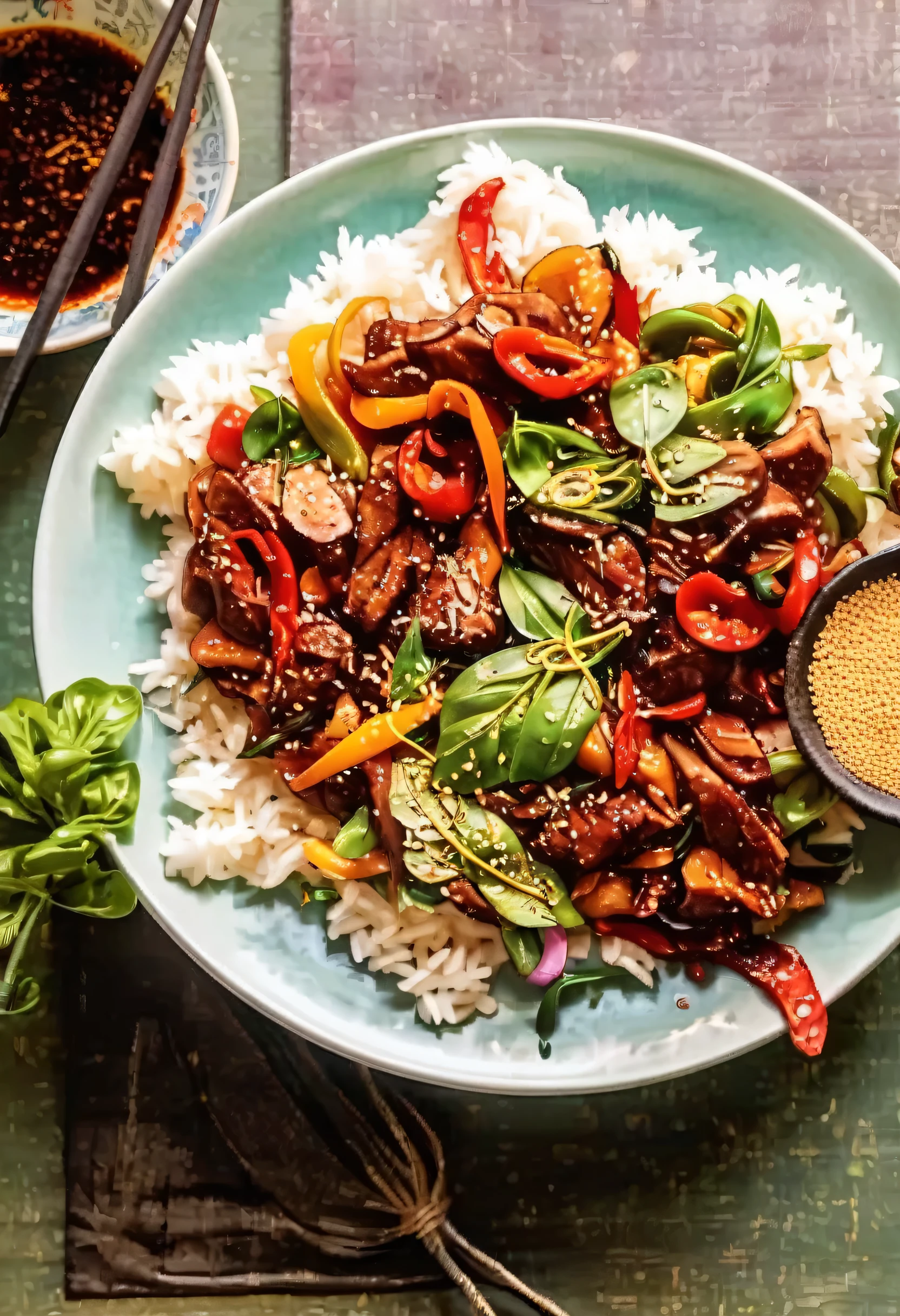 Sesame Basil and Beef Stir-Fry, there is a plate of food with rice and vegetables on it, Lomo Saltado, stunning image, high quality food photography, Stylized Food Photography, delicious, professional food photography, Ratatouille style, rice, Chinese, San Francisco, stunning visual effect, Finally, recipe, easy, luscious with sesame seeds, wok, ❤🔥🍄🌪, HD food photography, Ingredients

