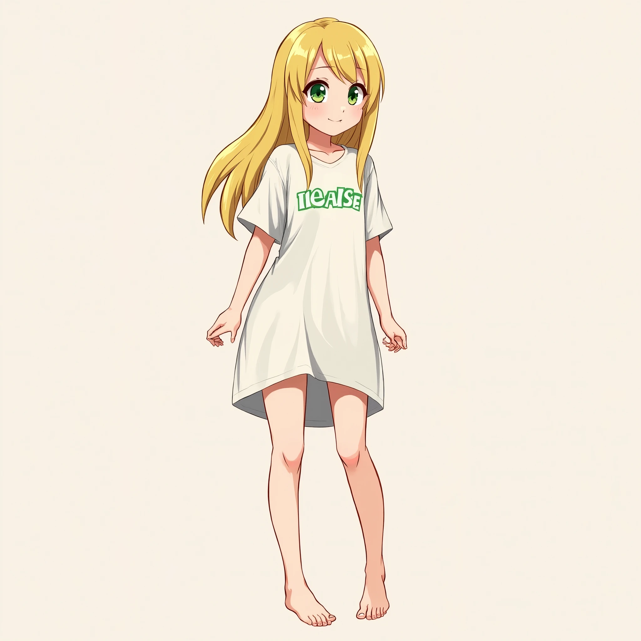 Blonde Hair,Long Hair,T-Shirts,Long shirt length,Thighs,barefoot,Green Eyes,Girl,cute,