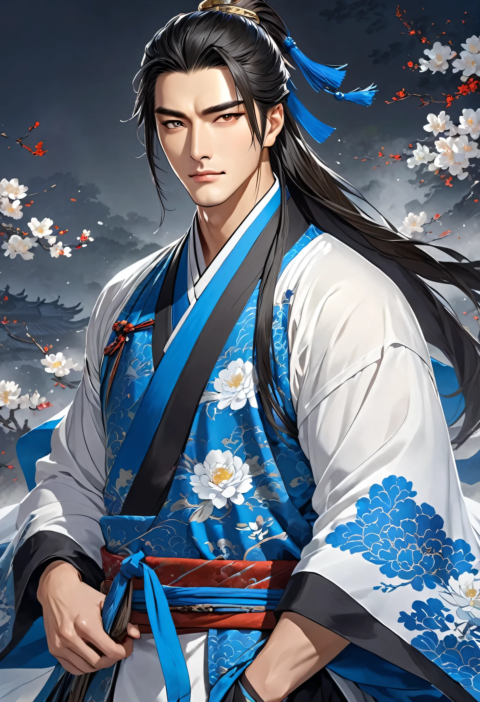 Three Kingdoms Zhou Yu, very handsome, nice guy, shave, Clothing made entirely of fabric, A combination of black, white, and blue