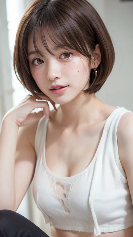 (Bob Cut Hair:1.2),(Wearing a ripped white tank top:1.8),1 person,Japanese,21 years old,(Small breasts:1.3),(Highest quality,masterpiece:1.3,Ultra-high resolution,),(Very detailedな,Caustics),(Realistic:1.4,RAW shooting,)Ultra-Realistic Capture,Very detailed,High resolution 16K human skin closeup。 Natural skin texture、,pores、、It needs to be detailed enough to be easily identifiable。 Skin tone is even and healthy looking。 Use natural light and color, Happy expression, Looking into the camera, Perfect dynamic composition, indoor、Cleavage、Earrings、Hide your chest、freckles、(Round Glasses)、(erect nipples)、Sit on the bed、Bedroom、On the bed