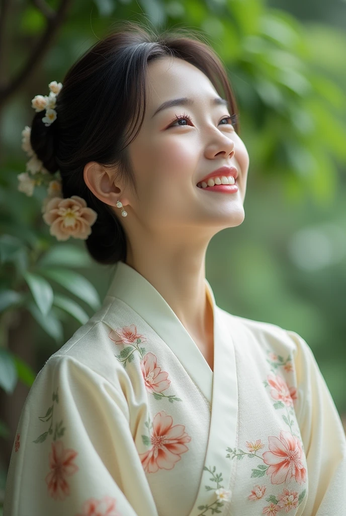 An elegantly dressed Japanese woman in natural light、A close-up of her chest and calm expression.、It shows her inner peace and outer charm.。