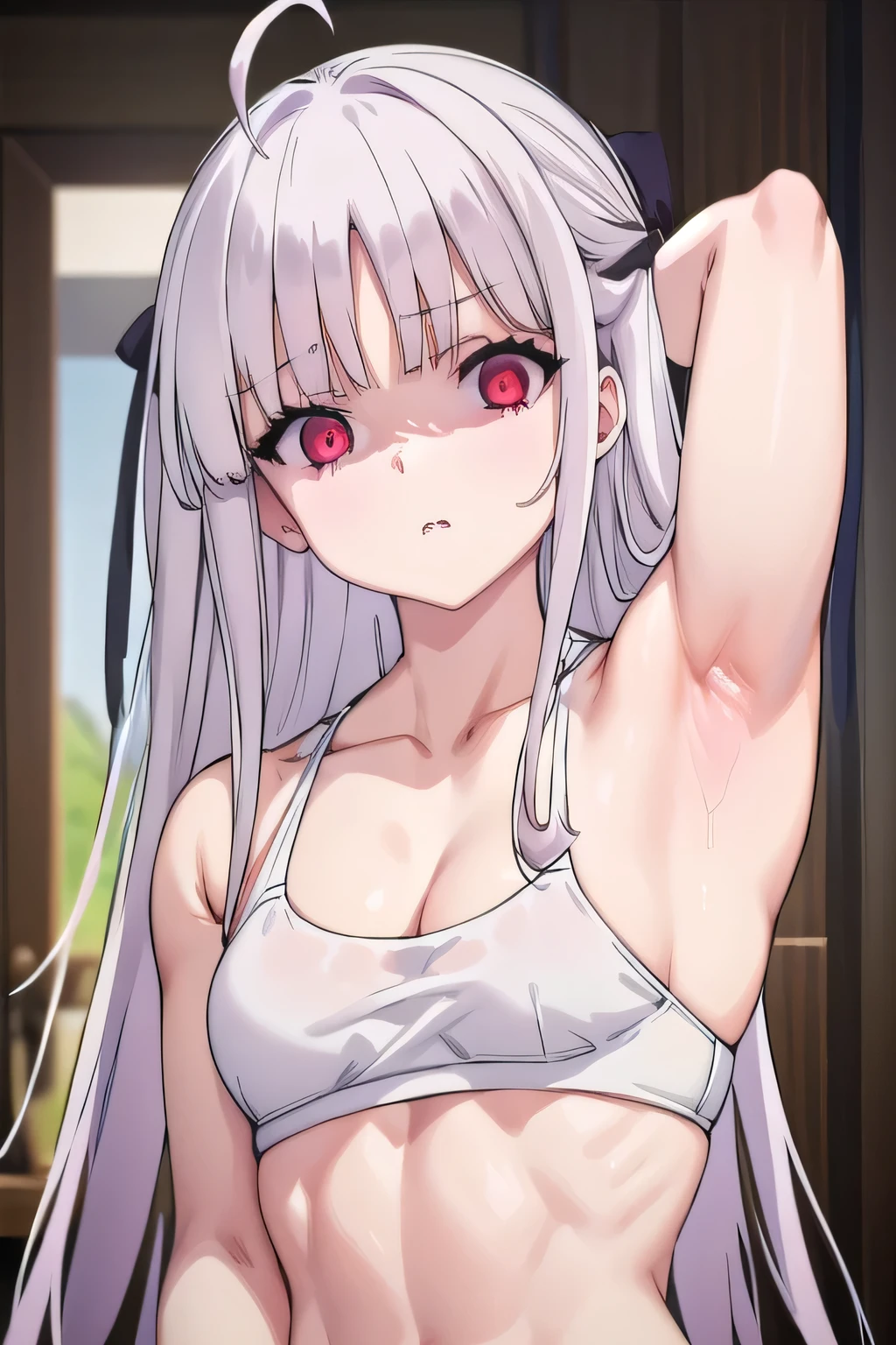 masterpiece, best quality, ultra-high-detailed, disgusted face, white hair, red eyes, sigtuna julie , small breast, looking viewer like a trash , deep eyes , front shot, bare shoulder, showing shoulder, Collarbone , arm behind head, armpit crease , left arms up, cynical look eyes, so close, near camera, upper body, focus to armpit, fit body ,mirroring , near shot, cleavage, muscular, sport bra, abs, gym