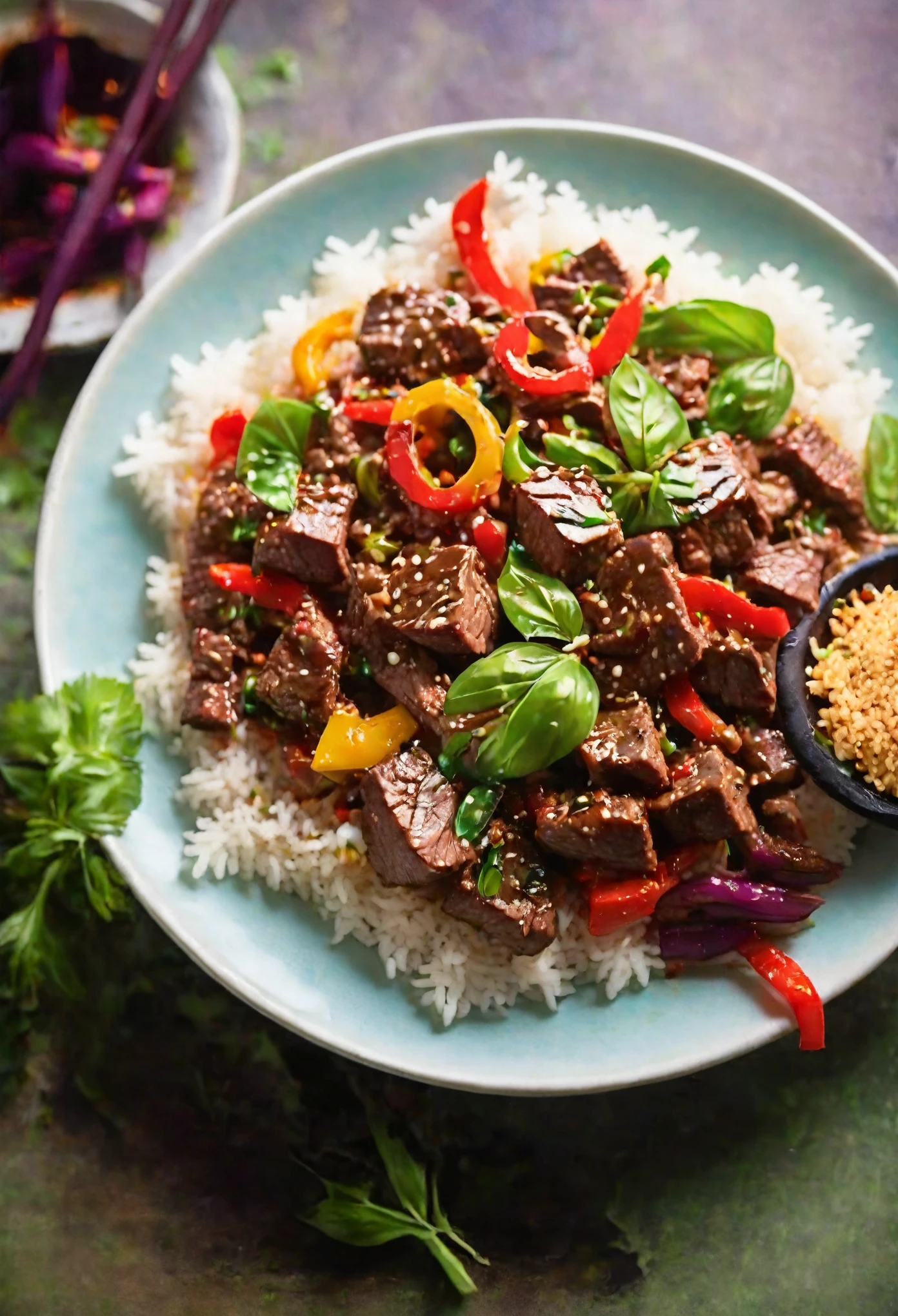 Sesame Basil and Beef Stir-Fry, there is a plate of food with rice and vegetables on it, Lomo Saltado, stunning image, high quality food photography, Stylized Food Photography, delicious, professional food photography, Ratatouille style, rice, Chinese, San Francisco, stunning visual effect, Finally, recipe, easy, luscious with sesame seeds, wok, ❤🔥🍄🌪, HD food photography, Ingredients

